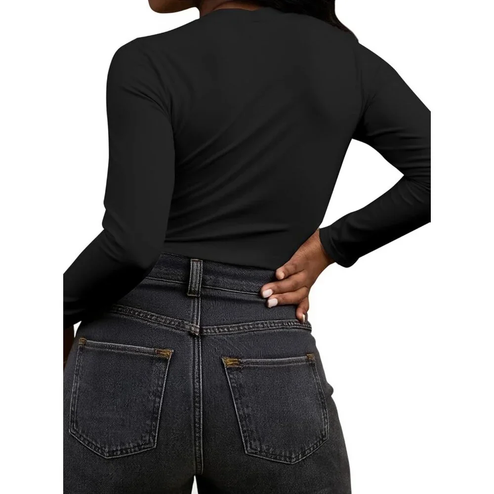 Long Sleeve Crop Top Women Fitted Graphic Crew Neck Casual for Fall - Picture 3 of 6